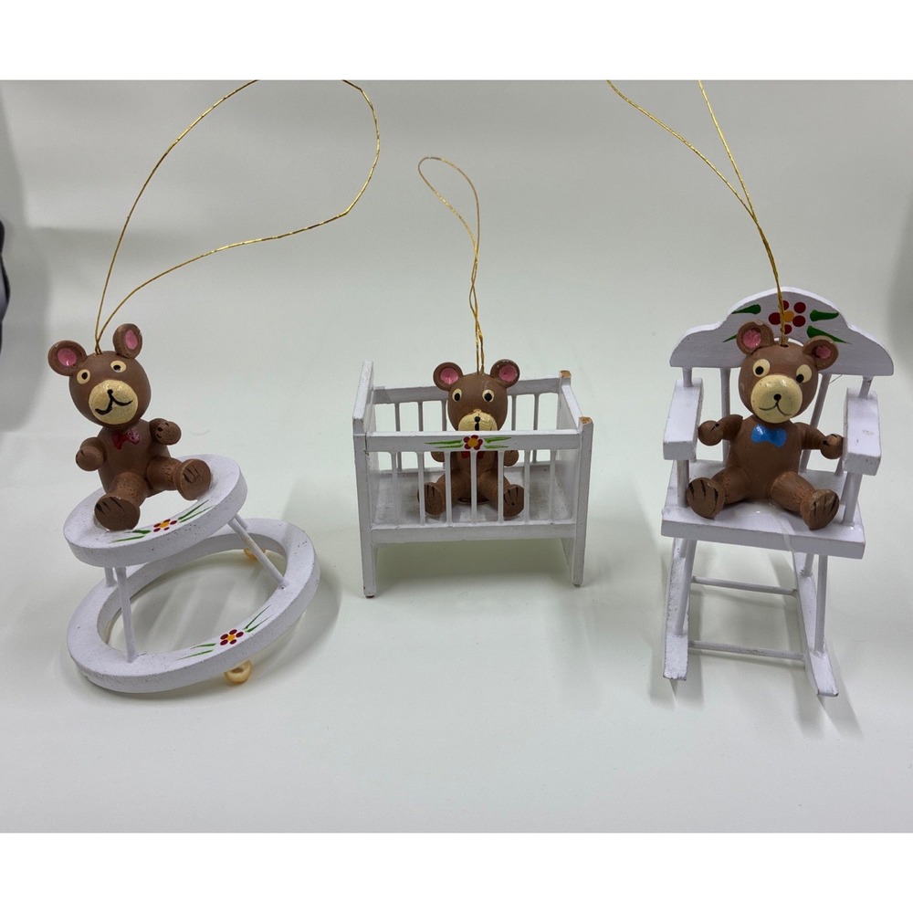 3 Vintage Handmade Painted Wood Teddy Bears‎ Ornaments Rocking Chair Crib Walker